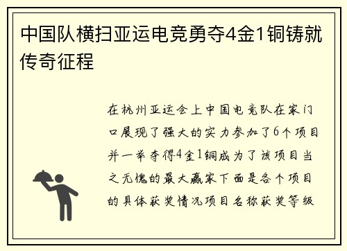 中国队横扫亚运电竞勇夺4金1铜铸就传奇征程 